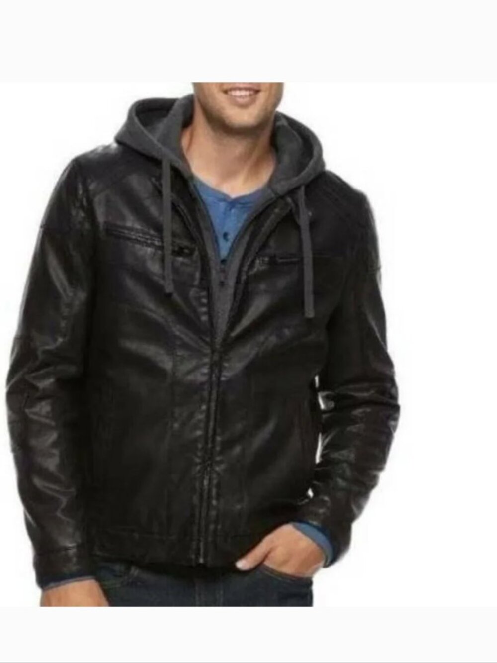 Apt 9 Moto Jacket $200 Mens S Black Fx Leather Hooded Quilted Lined Zip Up